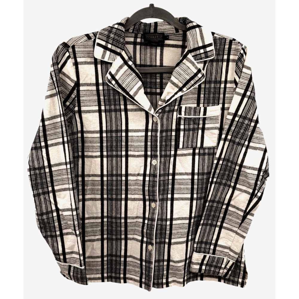 Woman's Pendleton Button Up Flannel Shirt Size Large Black and‎ White Pocket